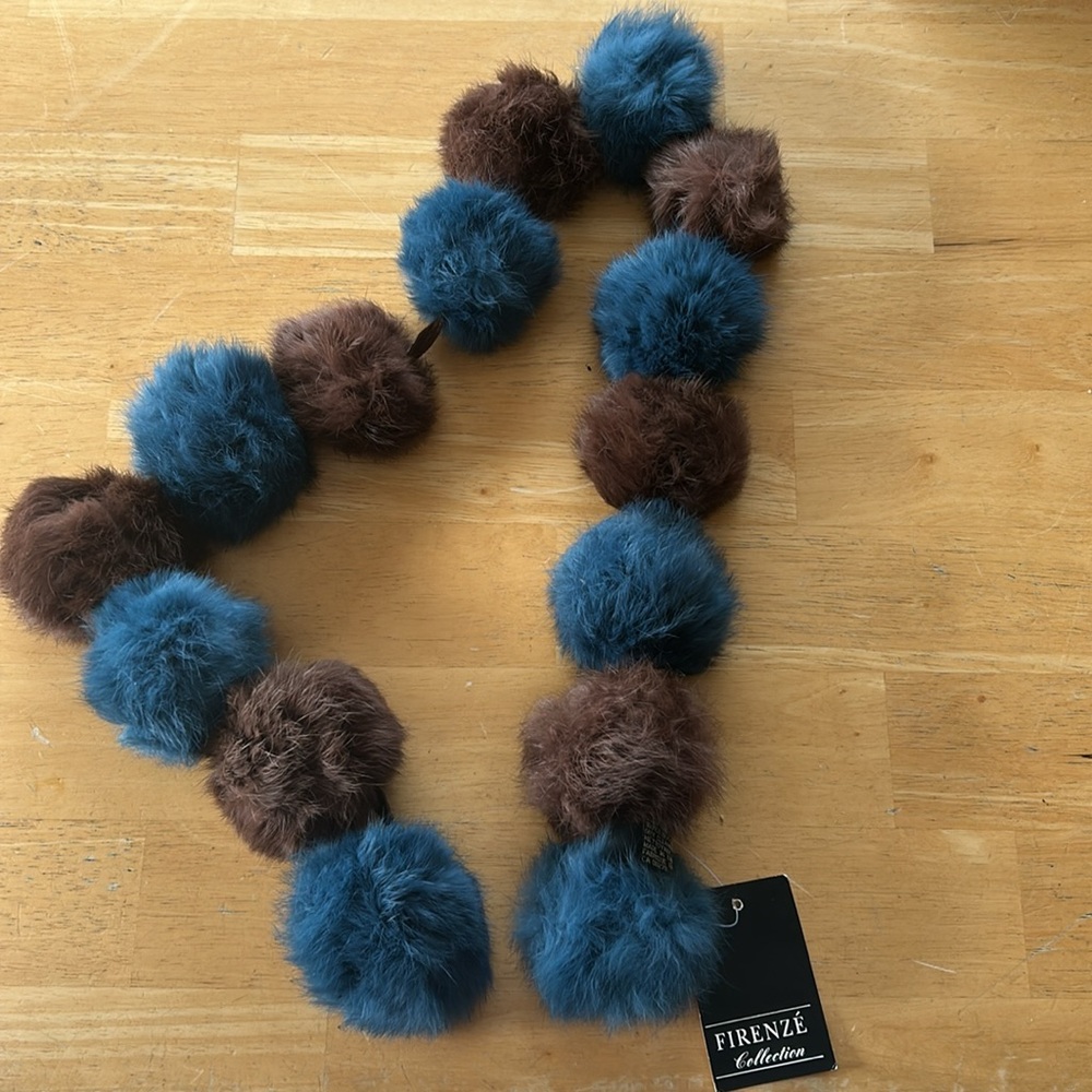 Firenze Blue and Brown Pom Pom Fur Scarf